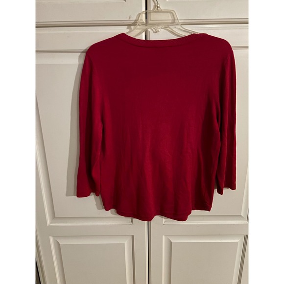 Chicos Red V-Neck Sweater Cashmere Blend Herringbone Trim 3/4 Sleeve Size 1 M - Picture 2 of 4